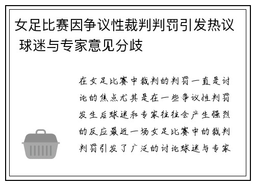 女足比赛因争议性裁判判罚引发热议 球迷与专家意见分歧